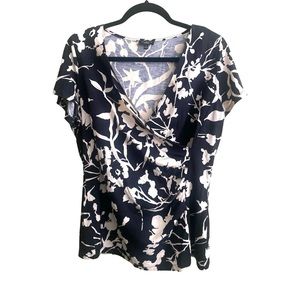 Talbots Wrap Blouse Small Cream Black Floral Flutter Sleeves